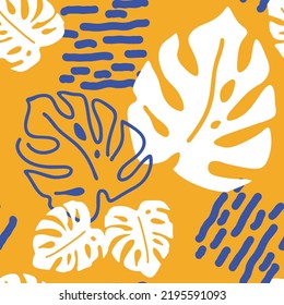 Monstera deja un patrón vectorial sin costuras decorativo para el diseño textil, impresión de tela, papel digital o envolvente, papel tapiz, fondo y fondo, decoración. Tema tropical de las vacaciones de verano.