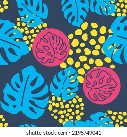 Monstera deja un patrón vectorial sin costuras decorativo para el diseño textil, impresión de tela, papel digital o envolvente, papel tapiz, fondo y fondo, decoración. Tema tropical de las vacaciones de verano.
