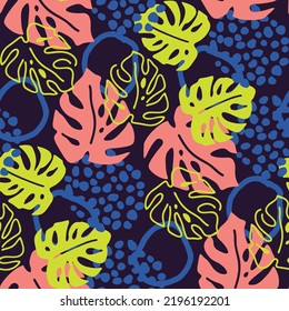 Monstera leaves decorative seamless vector pattern for textile design, fabric print, digital or wrapping paper, wallpaper, background and backdrop, decoration. Tropical summer holiday theme.