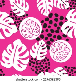 Die Monstera hinterlässt ein nahtloses, dekoratives Vektormuster für das Textildesign, den Stoffdruck, das digitale Papier oder das Verpackungspapier, das Tapete, den Hintergrund und die Kulisse, die Dekoration. Thema tropische Sommerferien.