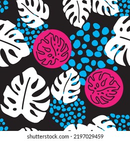Monstera leaves decorative seamless vector pattern for textile design, fabric print, digital or wrapping paper, wallpaper, background and backdrop, decoration. Tropical summer holiday theme.