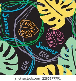 Monstera deja un patrón vectorial sin costuras decorativo para el diseño textil, impresión de tela, papel digital o envolvente, papel tapiz, fondo y fondo, decoración. Tema tropical de las vacaciones de verano.