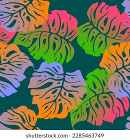 Monstera leaves decorative seamless vector pattern for textile design, fabric print, digital or wrapping paper, wallpaper, background and backdrop, decoration. Tropical summer holiday theme.
