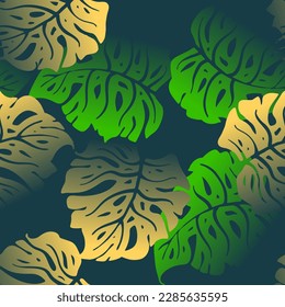 Monstera leaves decorative seamless vector pattern for textile design, fabric print, digital or wrapping paper, wallpaper, background and backdrop, decoration. Tropical summer holiday theme.