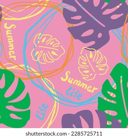 Monstera leaves decorative seamless vector pattern for textile design, fabric print, digital or wrapping paper, wallpaper, background and backdrop, decoration. Tropical summer holiday theme.