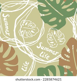 Die Monstera hinterlässt ein nahtloses, dekoratives Vektormuster für das Textildesign, den Stoffdruck, das digitale Papier oder das Verpackungspapier, das Tapete, den Hintergrund und die Kulisse, die Dekoration. Thema tropische Sommerferien.