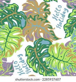 Die Monstera hinterlässt ein nahtloses, dekoratives Vektormuster für das Textildesign, den Stoffdruck, das digitale Papier oder das Verpackungspapier, das Tapete, den Hintergrund und die Kulisse, die Dekoration. Thema tropische Sommerferien.
