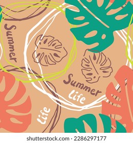 Monstera leaves decorative seamless vector pattern for textile design, fabric print, digital or wrapping paper, wallpaper, background and backdrop, decoration. Tropical summer holiday theme.