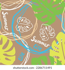 Die Monstera hinterlässt ein nahtloses, dekoratives Vektormuster für das Textildesign, den Stoffdruck, das digitale Papier oder das Verpackungspapier, das Tapete, den Hintergrund und die Kulisse, die Dekoration. Thema tropische Sommerferien.