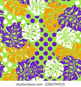 Monstera leaves decorative seamless vector pattern for textile design, fabric print, digital or wrapping paper, wallpaper, background and backdrop, decoration. Tropical summer holiday theme.