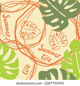 Die Monstera hinterlässt ein nahtloses, dekoratives Vektormuster für das Textildesign, den Stoffdruck, das digitale Papier oder das Verpackungspapier, das Tapete, den Hintergrund und die Kulisse, die Dekoration. Thema tropische Sommerferien.