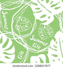 Die Monstera hinterlässt ein nahtloses, dekoratives Vektormuster für das Textildesign, den Stoffdruck, das digitale Papier oder das Verpackungspapier, das Tapete, den Hintergrund und die Kulisse, die Dekoration. Thema tropische Sommerferien.