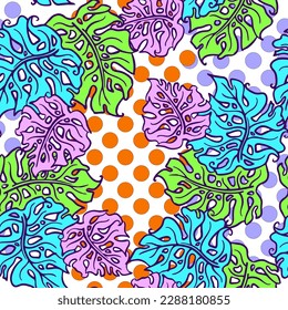 Monstera leaves decorative seamless vector pattern for textile design, fabric print, digital or wrapping paper, wallpaper, background and backdrop, decoration. Tropical summer holiday theme.