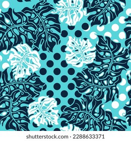 Monstera leaves decorative seamless vector pattern for textile design, fabric print, digital or wrapping paper, wallpaper, background and backdrop, decoration. Tropical summer holiday theme.