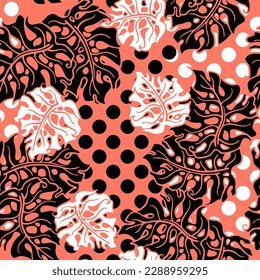 Monstera leaves decorative seamless vector pattern for textile design, fabric print, digital or wrapping paper, wallpaper, background and backdrop, decoration. Tropical summer holiday theme.