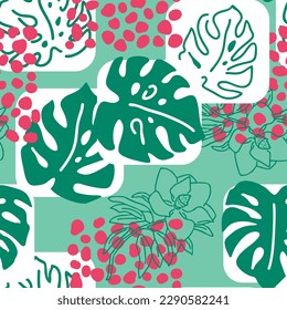 Monstera leaves decorative seamless vector pattern for textile design, fabric print, digital or wrapping paper, wallpaper, background and backdrop, decoration. Tropical summer holiday theme.