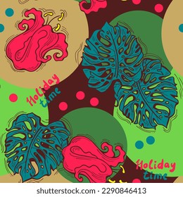 Monstera deja un patrón vectorial sin costuras decorativo para el diseño textil, impresión de tela, papel digital o envolvente, papel tapiz, fondo y fondo, decoración. Tema tropical de las vacaciones de verano.