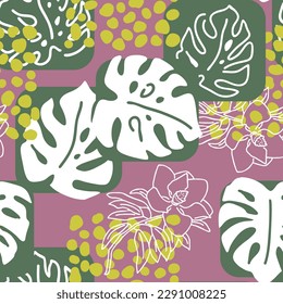 Monstera deja un patrón vectorial sin costuras decorativo para el diseño textil, impresión de tela, papel digital o envolvente, papel tapiz, fondo y fondo, decoración. Tema tropical de las vacaciones de verano.