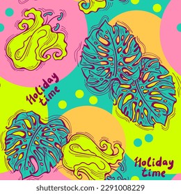 Monstera leaves decorative seamless vector pattern for textile design, fabric print, digital or wrapping paper, wallpaper, background and backdrop, decoration. Tropical summer holiday theme.