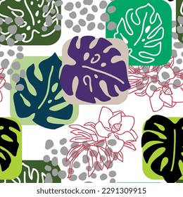 Monstera deja un patrón vectorial sin costuras decorativo para el diseño textil, impresión de tela, papel digital o envolvente, papel tapiz, fondo y fondo, decoración. Tema tropical de las vacaciones de verano.