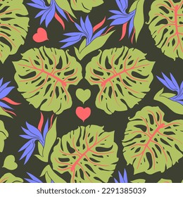 Monstera deja un patrón vectorial sin costuras decorativo para el diseño textil, impresión de tela, papel digital o envolvente, papel tapiz, fondo y fondo, decoración. Tema tropical de las vacaciones de verano.