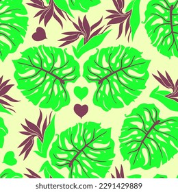 Monstera leaves decorative seamless vector pattern for textile design, fabric print, digital or wrapping paper, wallpaper, background and backdrop, decoration. Tropical summer holiday theme.