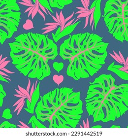 Monstera deja un patrón vectorial sin costuras decorativo para el diseño textil, impresión de tela, papel digital o envolvente, papel tapiz, fondo y fondo, decoración. Tema tropical de las vacaciones de verano.