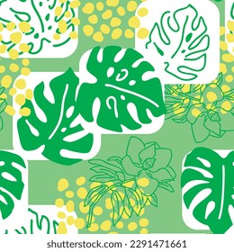 Monstera leaves decorative seamless vector pattern for textile design, fabric print, digital or wrapping paper, wallpaper, background and backdrop, decoration. Tropical summer holiday theme.