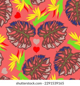 Monstera leaves decorative seamless vector pattern for textile design, fabric print, digital or wrapping paper, wallpaper, background and backdrop, decoration. Tropical summer holiday theme.