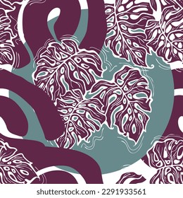 Monstera deja un patrón vectorial sin costuras decorativo para el diseño textil, impresión de tela, papel digital o envolvente, papel tapiz, fondo y fondo, decoración. Tema tropical de las vacaciones de verano.