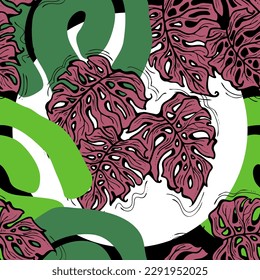 Monstera leaves decorative seamless vector pattern for textile design, fabric print, digital or wrapping paper, wallpaper, background and backdrop, decoration. Tropical summer holiday theme.