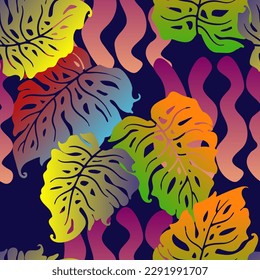 Monstera deja un patrón vectorial sin costuras decorativo para el diseño textil, impresión de tela, papel digital o envolvente, papel tapiz, fondo y fondo, decoración. Tema tropical de las vacaciones de verano.