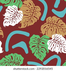 Monstera leaves decorative seamless vector pattern for textile design, fabric print, digital or wrapping paper, wallpaper, background and backdrop, decoration. Tropical summer holiday theme.