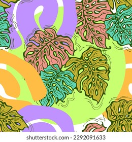 Monstera leaves decorative seamless vector pattern for textile design, fabric print, digital or wrapping paper, wallpaper, background and backdrop, decoration. Tropical summer holiday theme.