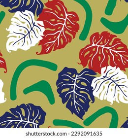 Die Monstera hinterlässt ein nahtloses, dekoratives Vektormuster für das Textildesign, den Stoffdruck, das digitale Papier oder das Verpackungspapier, das Tapete, den Hintergrund und die Kulisse, die Dekoration. Thema tropische Sommerferien.