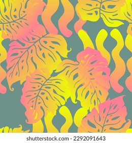 Monstera leaves decorative seamless vector pattern for textile design, fabric print, digital or wrapping paper, wallpaper, background and backdrop, decoration. Tropical summer holiday theme.