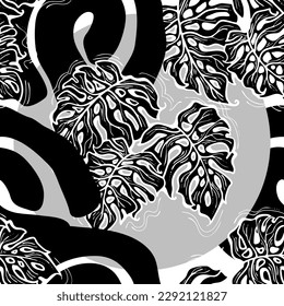 Monstera leaves decorative seamless vector pattern for textile design, fabric print, digital or wrapping paper, wallpaper, background and backdrop, decoration. Tropical summer holiday theme.