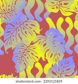 Monstera leaves decorative seamless vector pattern for textile design, fabric print, digital or wrapping paper, wallpaper, background and backdrop, decoration. Tropical summer holiday theme.
