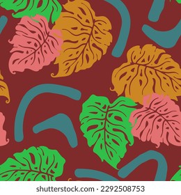 Monstera leaves decorative seamless vector pattern for textile design, fabric print, digital or wrapping paper, wallpaper, background and backdrop, decoration. Tropical summer holiday theme.