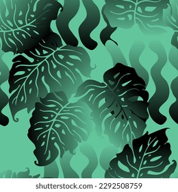 Monstera leaves decorative seamless vector pattern for textile design, fabric print, digital or wrapping paper, wallpaper, background and backdrop, decoration. Tropical summer holiday theme.