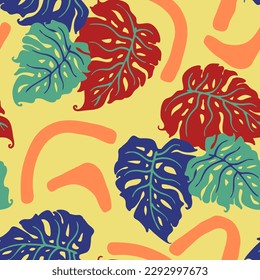 Monstera leaves decorative seamless vector pattern for textile design, fabric print, digital or wrapping paper, wallpaper, background and backdrop, decoration. Tropical summer holiday theme.
