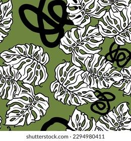 Monstera leaves decorative seamless vector pattern for textile design, fabric print, digital or wrapping paper, wallpaper, background and backdrop, decoration. Tropical summer holiday theme.