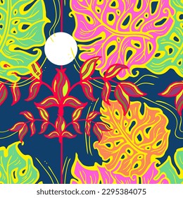Monstera deja un patrón vectorial sin costuras decorativo para el diseño textil, impresión de tela, papel digital o envolvente, papel tapiz, fondo y fondo, decoración. Tema tropical de las vacaciones de verano.