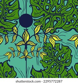 Die Monstera hinterlässt ein nahtloses, dekoratives Vektormuster für das Textildesign, den Stoffdruck, das digitale Papier oder das Verpackungspapier, das Tapete, den Hintergrund und die Kulisse, die Dekoration. Thema tropische Sommerferien.