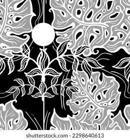 Monstera leaves decorative seamless vector pattern for textile design, fabric print, digital or wrapping paper, wallpaper, background and backdrop, decoration. Tropical summer holiday theme.