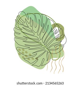 Monstera leaves drawing one line. Continuous line style. Abstract minimal vector pattern 