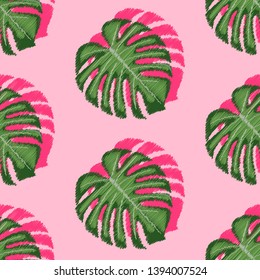 Monstera leaves embroidery vector seamless pattern design. Exotic green leaves, on pink background. Template for clothes, textiles, t-shirt design