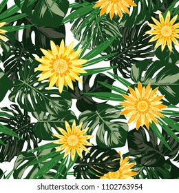 Monstera Leaves and Ethnic Flowers. Vector Seamless Pattern with Philodendron and Stylized Daisies. Watercolor Effect. Tropic Floral Background. Exotic Seamless Pattern with Jungle Foliage for Fabric.