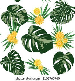 Monstera Leaves and Ethnic Flowers. Vector Seamless Pattern with Philodendron and Stylized Daisies. Watercolor Effect. Tropic Floral Background. Exotic Seamless Pattern with Jungle Foliage for Fabric.