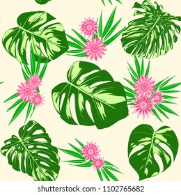 Monstera Leaves and Ethnic Flowers. Vector Seamless Pattern with Philodendron and Stylized Daisies. Watercolor Effect. Tropic Floral Background. Exotic Seamless Pattern with Jungle Foliage for Fabric.